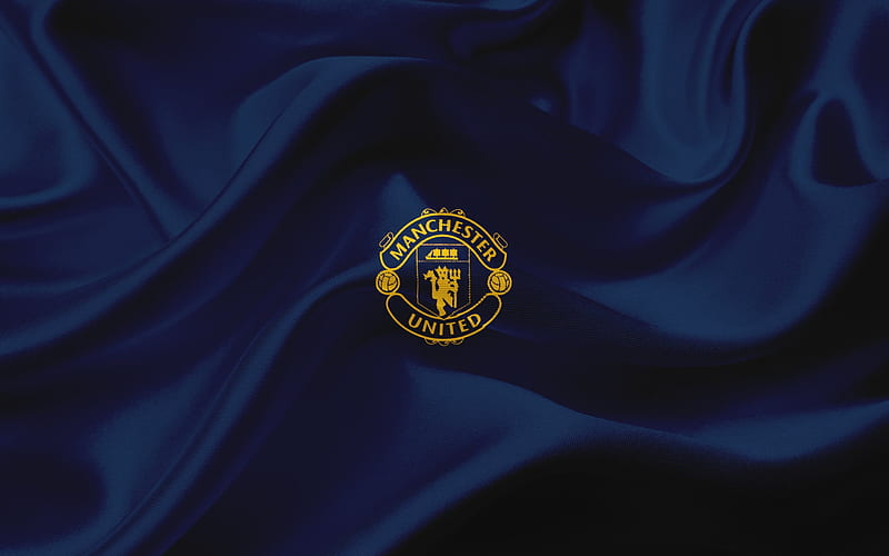 Manchester United, Premier League, football, MU emblem, England, blue silk, HD wallpaper
