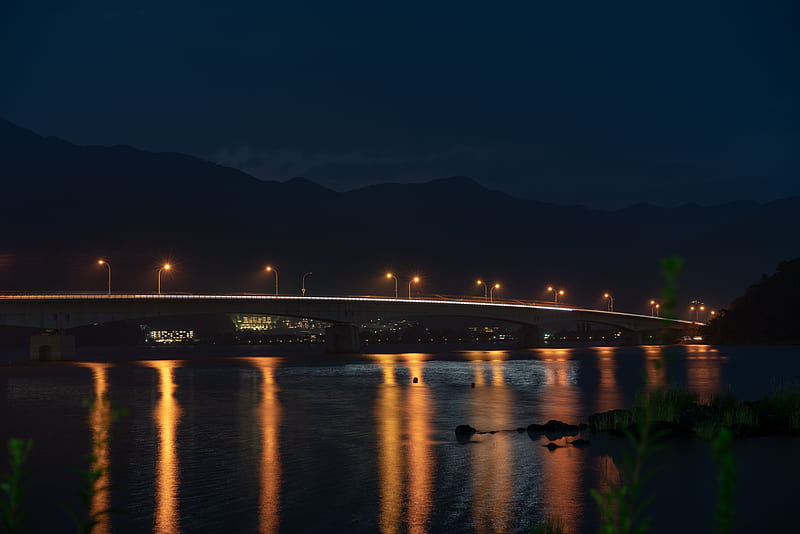 bridge, night city, city lights, lights, lighting, HD wallpaper