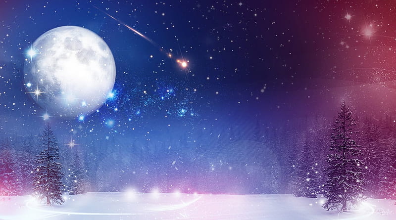 Was a Cold Winter Night, stars, forest, trees, sky, winter, cold, snow, full moon, falling star, HD wallpaper