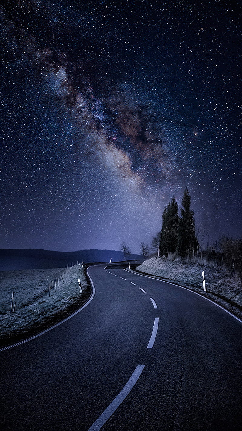 Landscape, night, road, galaxy, starry sky, HD phone wallpaper