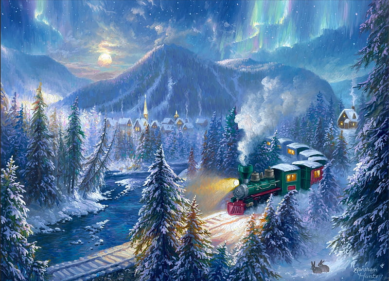 Christmas Train, steam, trees, sky, clouds, artwork, railroad, locomotive,  lake, HD wallpaper | Peakpx
