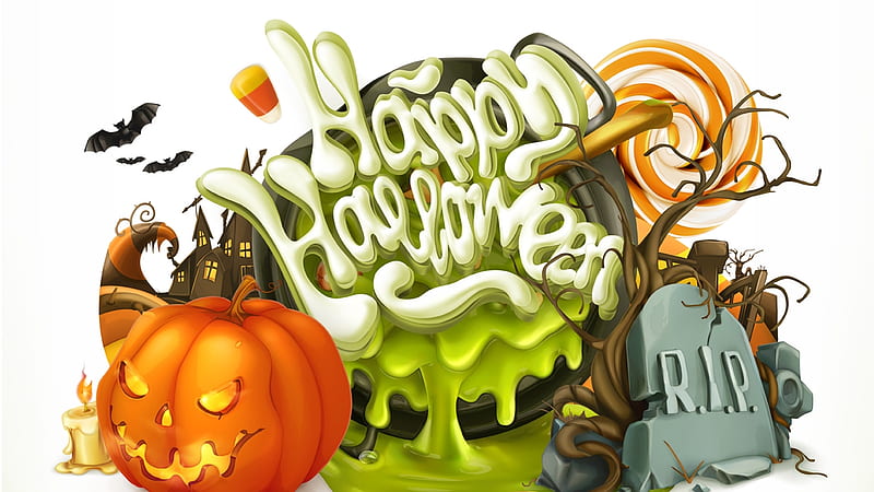 Trick or Treat, candle, bats, gravestone, haunted house, jack-o-lantern, candy corn, RIP, pumpkin, slime, Halloween, goo, HD wallpaper