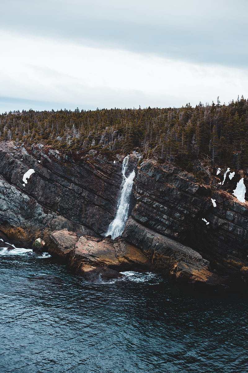 rocks, waterfall, forest, cliff, water, HD phone wallpaper