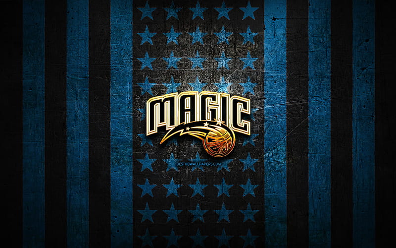 Orlando Magic flag, NBA, blue black metal background, american basketball club, Orlando Magic logo, USA, basketball, golden logo, Orlando Magic, HD wallpaper
