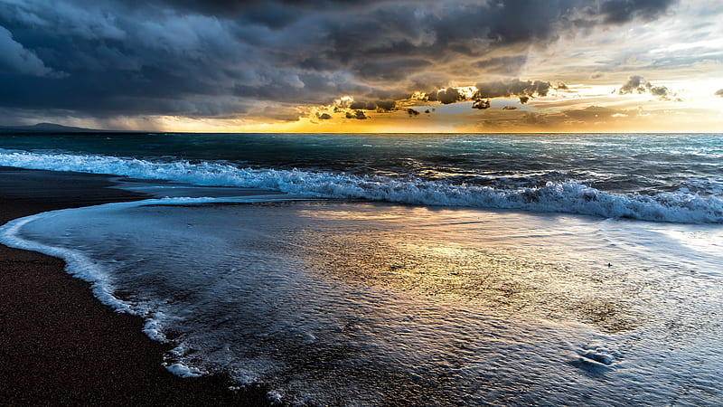 Sea Shore With Waves Under Clouds During Sunset Nature, HD wallpaper