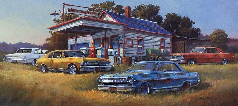 Four of a Kind, painting, carros, trees, artwork, petrol station, HD wallpaper