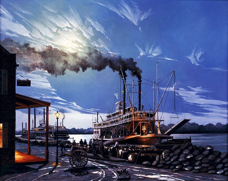 The Natchez Night Landing, people, steamboat, pier, painting, evening, artwork, lights, HD wallpaper