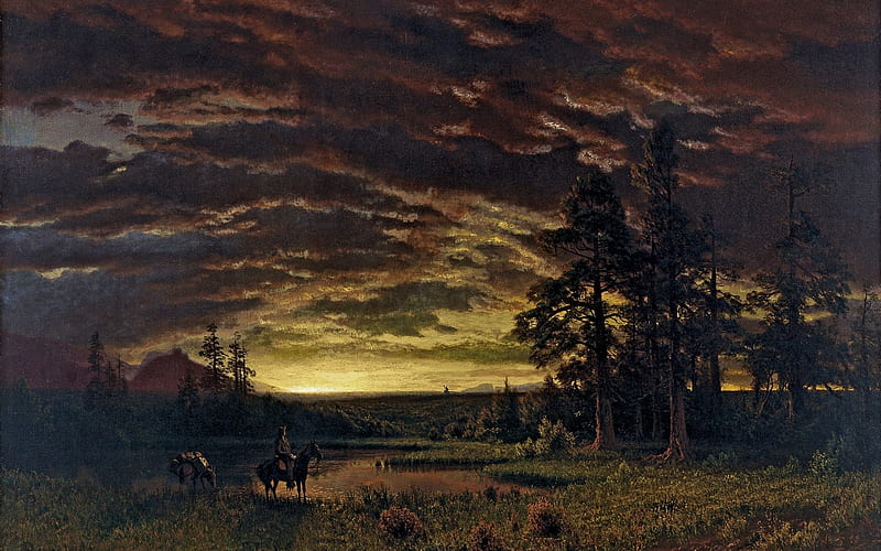 Evening on the prairie, art, cloud, horse, sky, painting, prairie, evening, albert bierstadt, cowboy, pictura, HD wallpaper