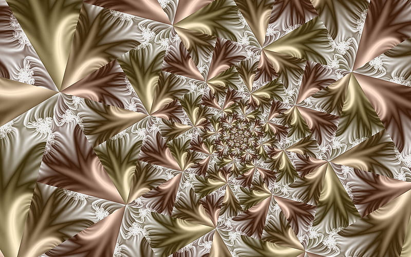 Patchwork of Fronds, pattern, satin, spiral, gold, green, texture, fractals, pink, cream, HD wallpaper