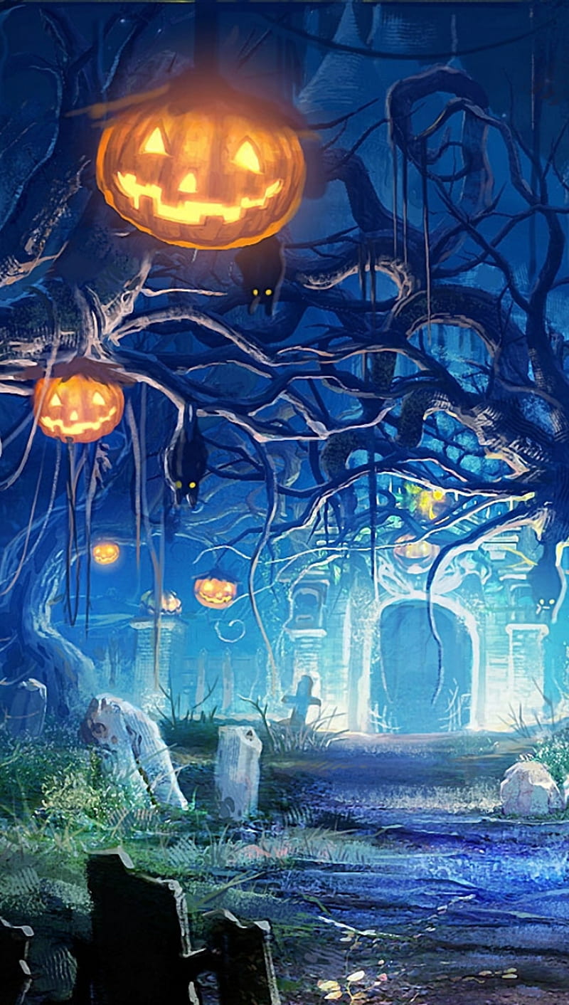 Happy Halloween, cemetery, pumpkins, HD phone wallpaper