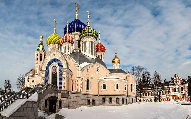 Russian Church in Winter, Russian, Snow, Colorful, Church, HD wallpaper