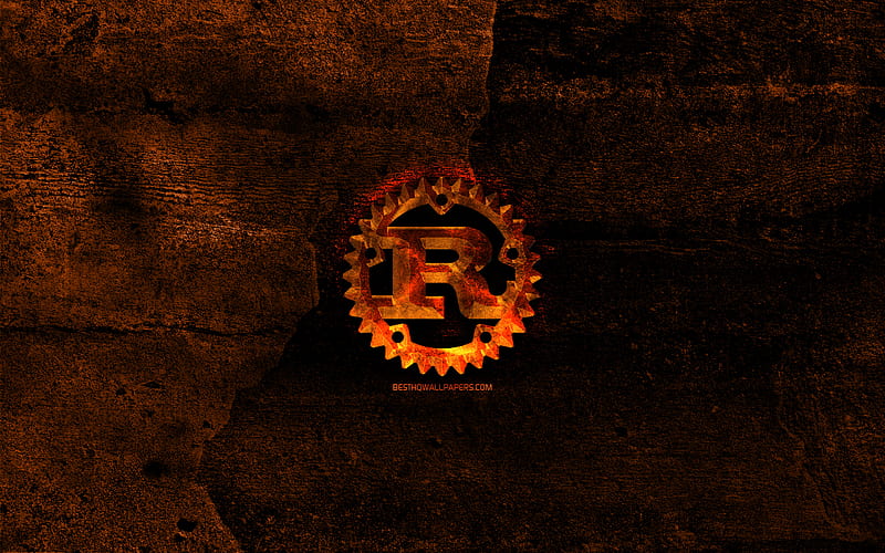 Rust fiery logo, programming language, orange stone background, creative, Rust logo, programming language signs, Rust, HD wallpaper