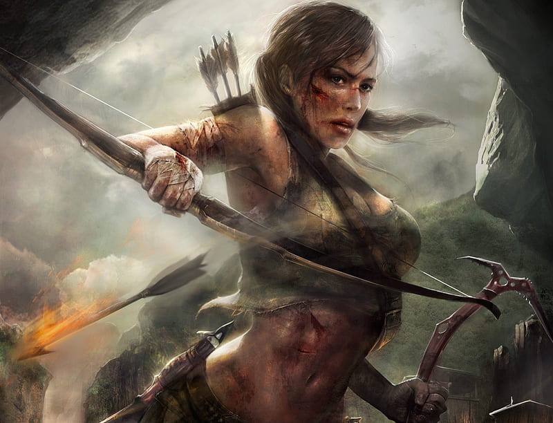 Lara Croft, games, female, brown hair, video games, tomb raider, bow, arrows, weapons, singlet, girl, HD wallpaper