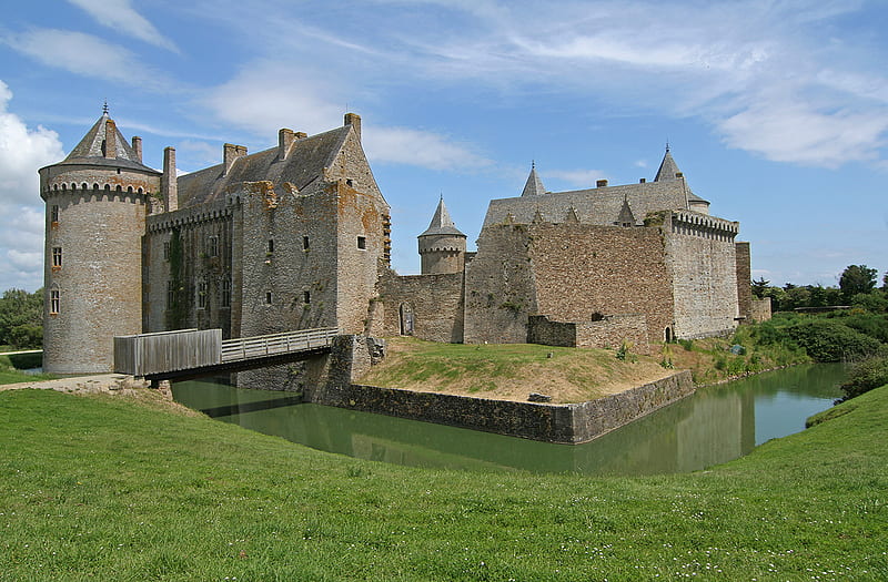 Chateau de Suscinio, dovecote, europe, water, grass, moat, brittany, castle, grounds, HD wallpaper
