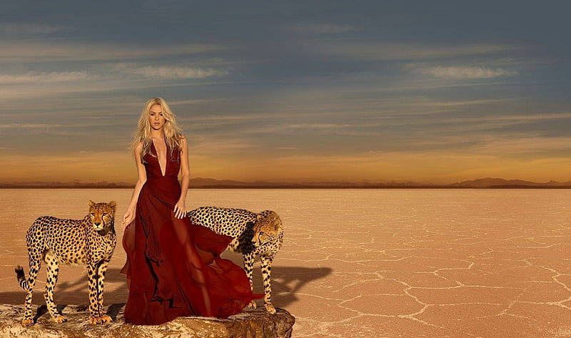 Shakira and Cheetahs, red, female, desert, dress, gown, Cheetahs, shakira, bonito, woman, singer, 2013, graphy, girl hoot, beauty, HD wallpaper