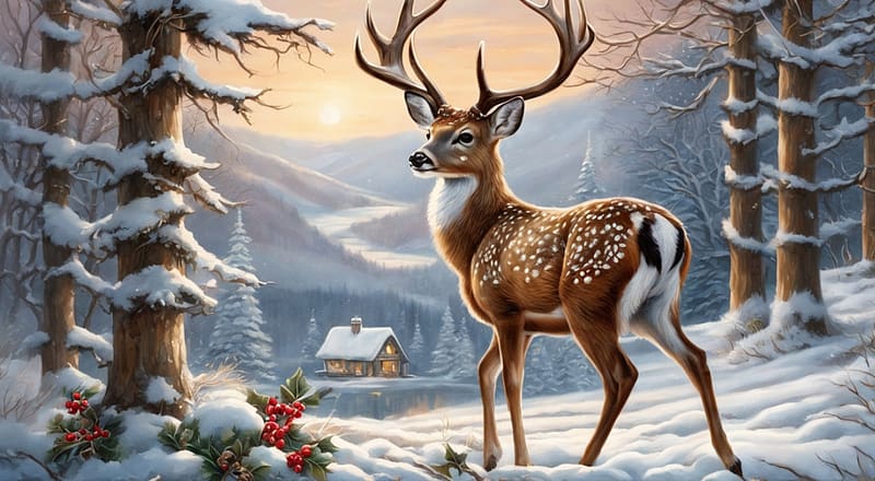 Deer in the winter forest, tajkep, evad, havas fak, haz, havas hegyek, fak, tavacska, napfeny, hegyek, szarvas, termeszet, piros bogyok, erdo, havas, ho, tel, HD wallpaper
