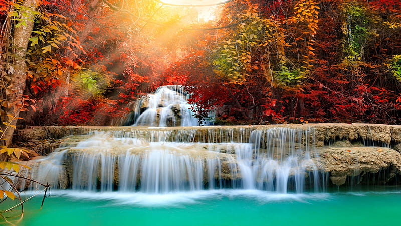 Autumn cascades, fall, forest, autumn, cascades, rays, waterfall ...