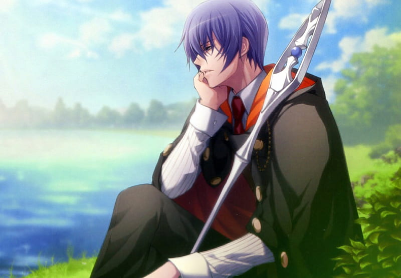 Julius Fortner, scenic, guy, anime, handsome, hot, weapon, scenery, cloud, male, view, purple hair, sky, sexy, short hair, cute, boy, water, cool, scene, HD wallpaper