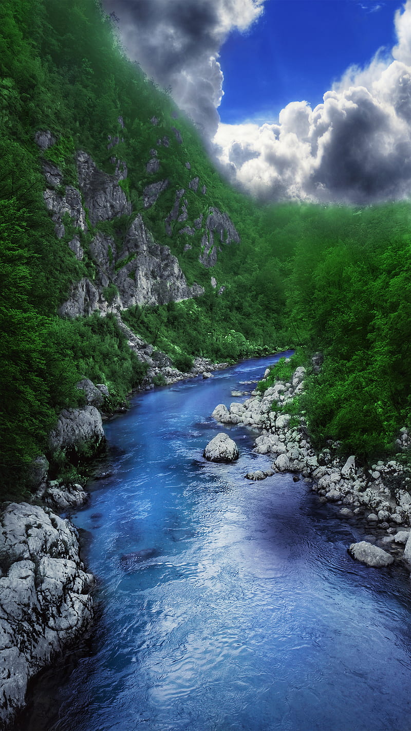 Blue Stream, blue, clouds, green, manzara, mountain, phone, spring, tree, HD phone wallpaper