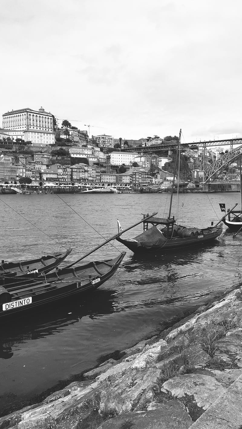 Porto V5, black, boat, city, oporto, river, town, white, HD phone wallpaper