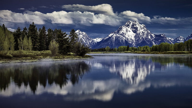 mount moran above snake river in the grand tetons, mountain, forest, snow, river, reflection, clouds, HD wallpaper