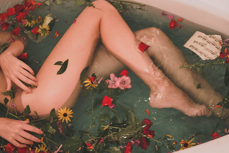 bathtub with water and flowers, HD wallpaper