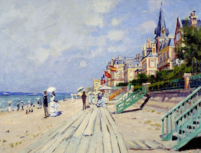 The boardwalk at Trouville, claude monet, sea, beach, vara, people, painting, summer, pictura, HD wallpaper