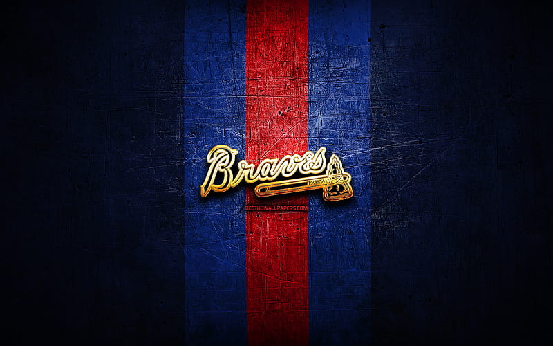 Atlanta Braves, golden logo, MLB, blue metal background, american baseball  team, HD wallpaper