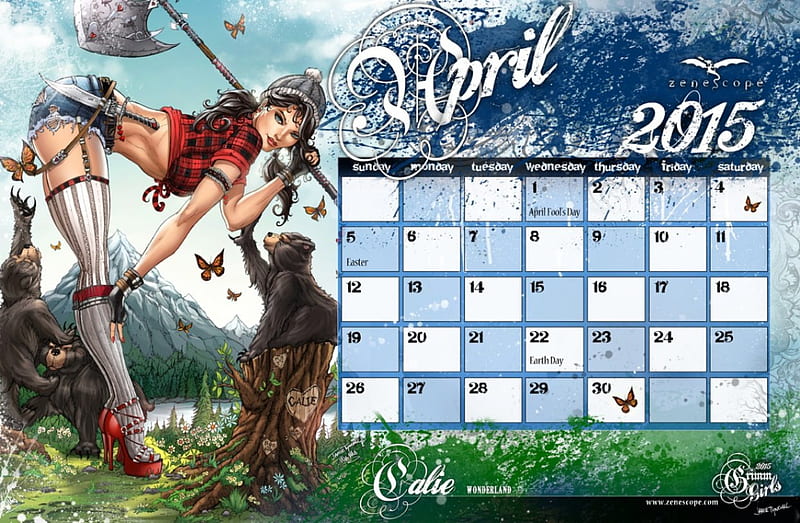 April calendar, calendar, lumberjack, april, bear cub, woman, HD wallpaper