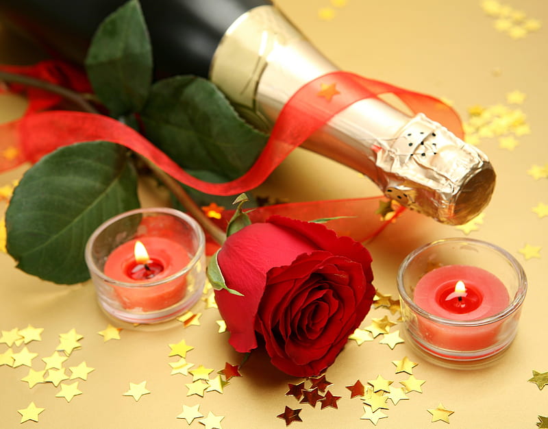 Happy New Year, red, stars, confetti, holiday, rose, celebration, ribbon, wick, event, candles, champagne, HD wallpaper