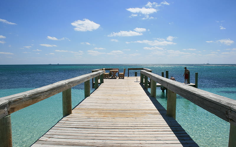 Pier in Sea, sky, sea, wooden, pier, HD wallpaper