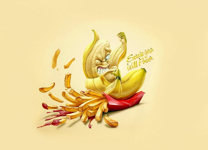 Exercise your will power, red, art, food, yellow, creative, oscar ramos, fruit, funny, banana, fried potatoes, HD wallpaper