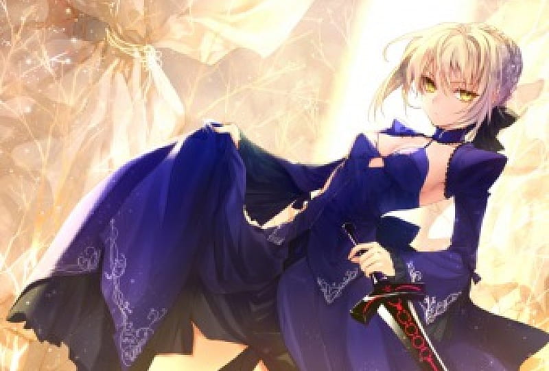 Saber Alter, saber, dress, blond, evil, bonito, angry, fate stay night, blade, anime, hot, beauty, anime girl, long hair, sword, gorgeous, blue, wicked, female, blonde, mad, blonde hair, sexy, blond hair, girl, sorrow, awesome, sinister, HD wallpaper