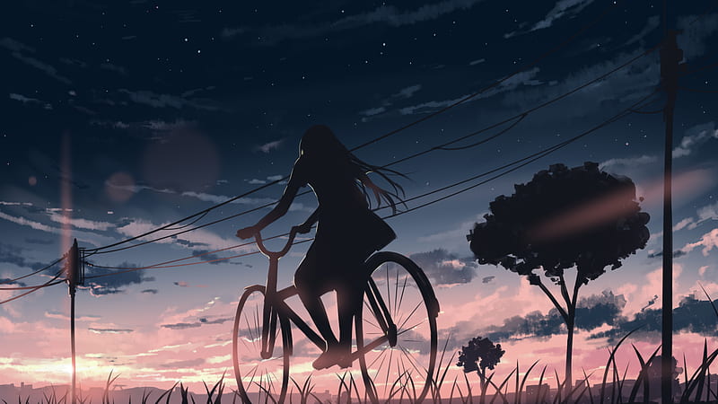 Anime, Girl, Woman , Sunset , Bike, HD wallpaper
