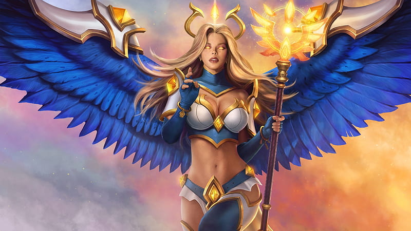 Mereside, wings, angel, game, yellow, woman, juggernaut wars, fantasy, girl, feather, blue, HD wallpaper