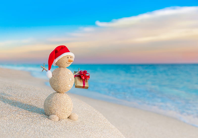 Merry Christmas!, christmas, craciun, summer, snowman, sea, hat, beach, vara, santa, water, HD wallpaper