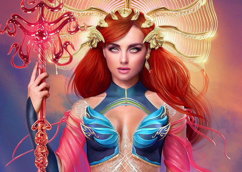 Lana Solaris, frumusete, fantasy, luminos, girl, redhead, blue, HD wallpaper