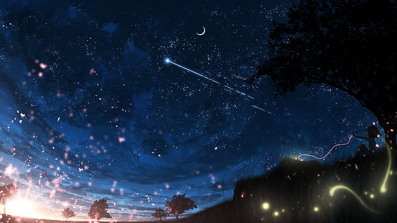 Anime landscape, crescent, night, falling star, anime girl, scenic, Anime,  HD wallpaper | Peakpx