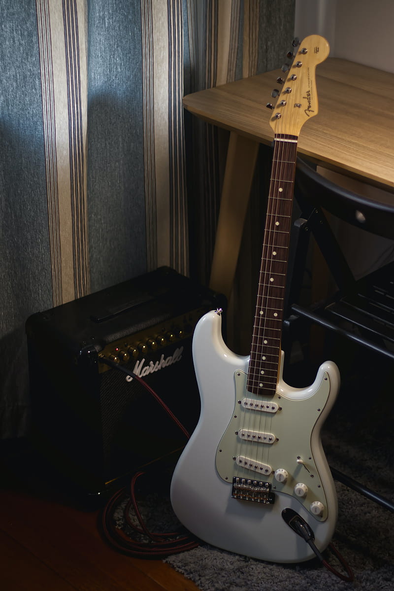 electric guitar, guitar, white, amplifier, musical instrument, HD phone wallpaper