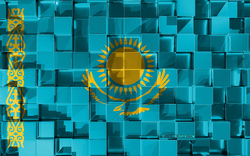 Flag of Kazakhstan, 3d flag, 3d cubes texture, Flags of European countries, Kazakhstan 3d flag, 3d art, Kazakhstan, Europe, 3d texture, HD wallpaper
