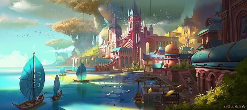 Fantasy world, palace, castle, pink, art, world, luminos, keep wyq, yellow, water, boat, fantasy, blue, HD wallpaper