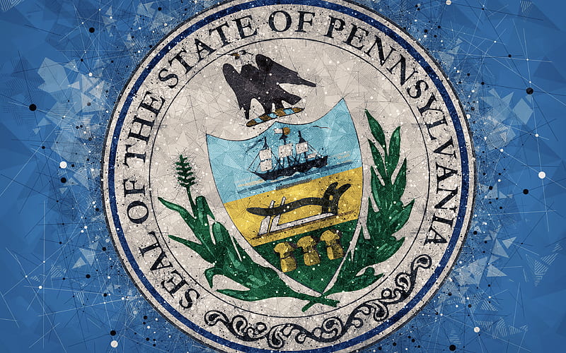 Seal of Pennsylvania emblem, geometric art, Pennsylvania State Seal, American states, blue background, creative art, Pennsylvania, USA, state symbols USA, HD wallpaper