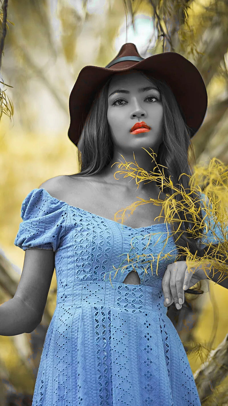 Asian, black and white, black and white, blue dress, cute, hat, pretty, red lips, yellow, HD phone wallpaper