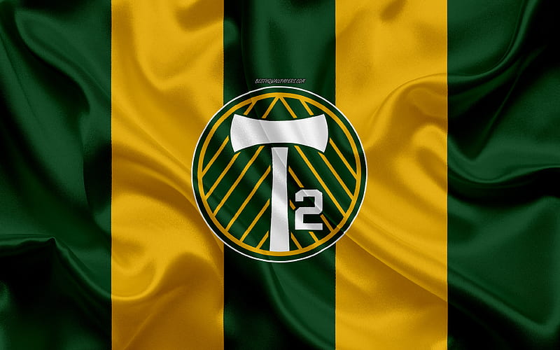 Portland Timbers 2 American football club, logo, green yellow flag, emblem, USL Championship, Portland, Oregon, USA, USL, silk texture, soccer, United Soccer League, HD wallpaper