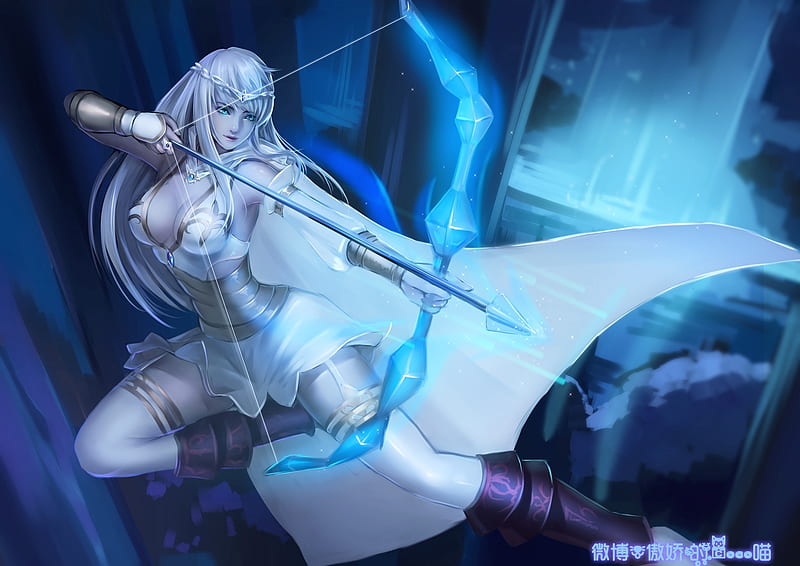 Snow n Ice, pretty, dress, cg, video game, game, bonito, magic, bow, league of legends, arrow, sweet, nice, fantasy, hot, beauty, realistic, archer, lovely, ashe, sexy, snow, ice, white, maiden, HD wallpaper