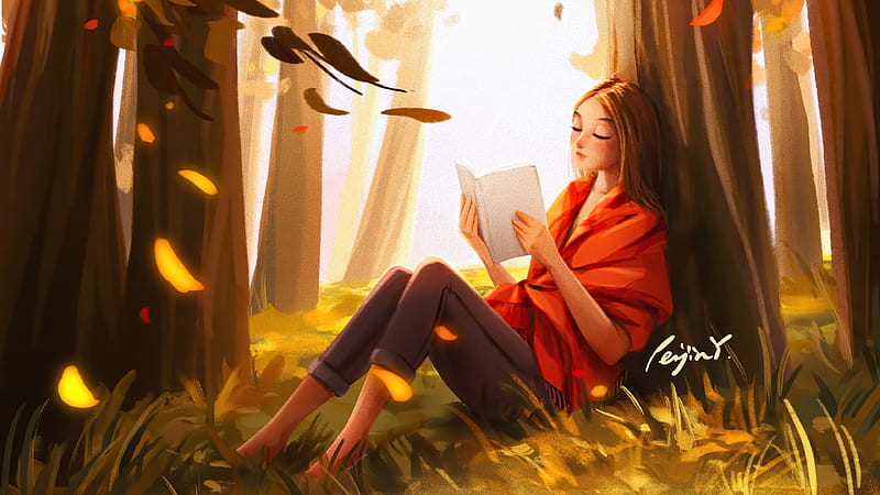 Girl Reading Book In The Nature , artist, artwork, digital-art, artstation, HD wallpaper