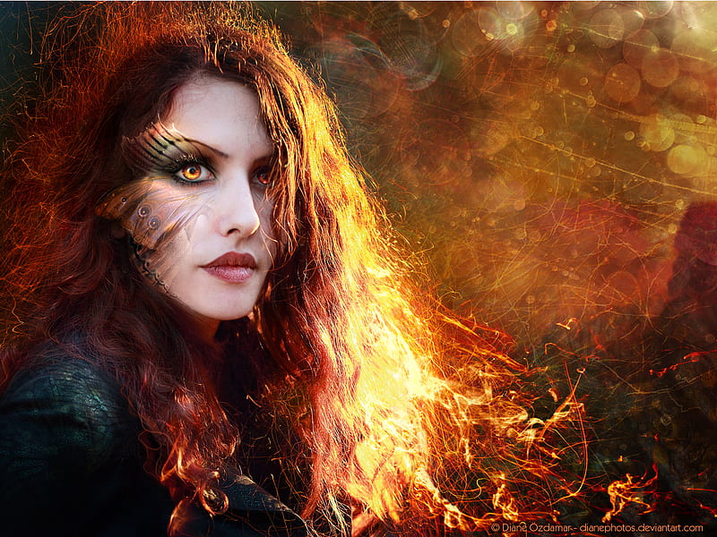 Hair of Fire - For Damessican, red, fire, fantasy, butterfly, girl, redhead, bonito, woman, HD wallpaper