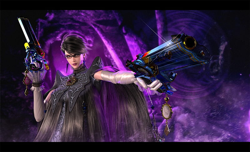 Bayonetta, fantasy, gun, purple, luminos, girl, cereza, HD wallpaper