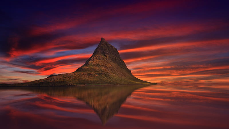 in distant of brown butte rock in front of calm body of water under orange clouds, HD wallpaper