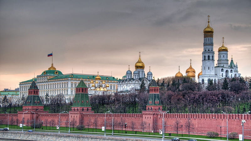 the kremiln compound in moscow, churches, buildings, trees, clouds, wall, embankment, HD wallpaper